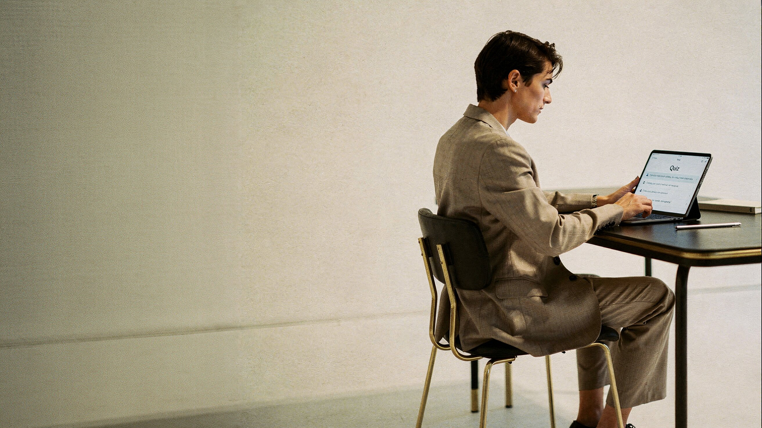 Person sitting at a desk using a laptop in a minimalistic setting taking the Uncaffed quiz
