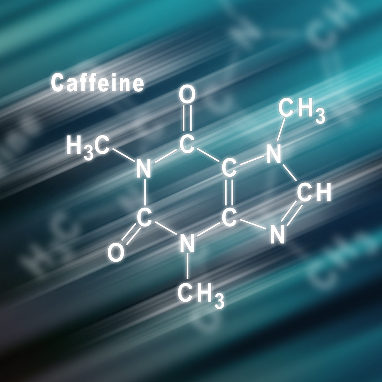 Molecular structure of caffeine with blurred background