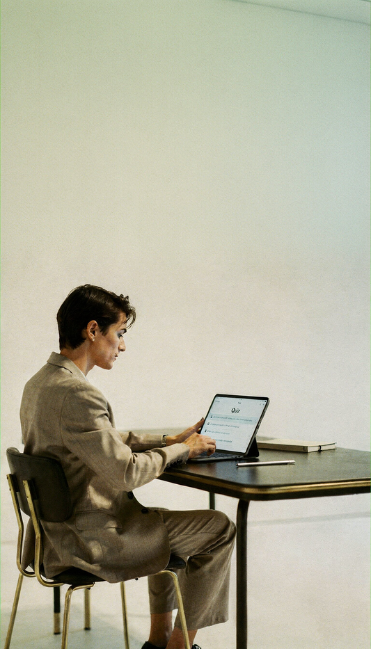 Person sitting at a desk using a laptop in a minimalistic setting taking the Uncaffed quiz