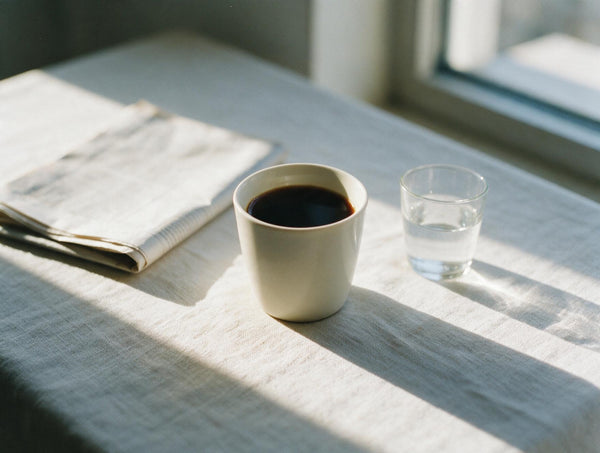 A quiet morning table with a cup of decaf and a glass of water in low sunlight